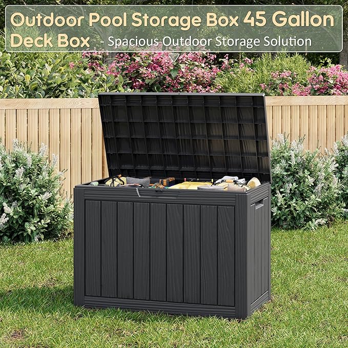 Oudoor Storage Deck Boxes Waterproof, Waterproof and UV Resistant Outdoor Storage Box Lockable Lid for Delivery Box, Indoor, Garden Tools, Pool Supplies, Patio (Black, 45 Gallon)