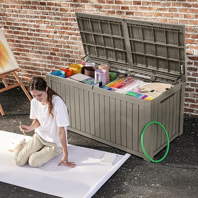 DWVO 180 Gallon Extra-Large Patio Deck Box, Waterproof Resin Outdoor Storage Box with Removable Divider for Patio, Garden, Pool, Furniture and Tools, Light Brown