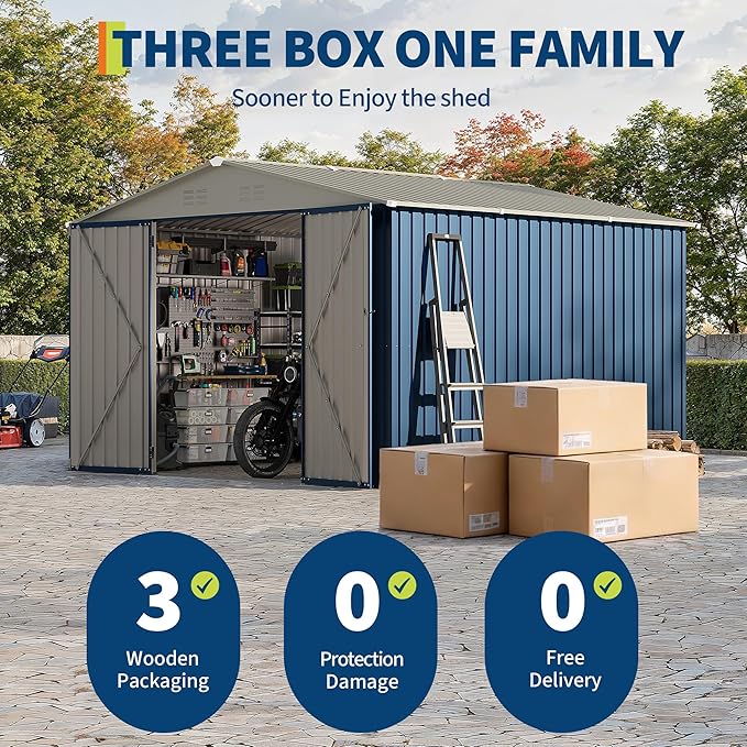 10 x 10 FT Outdoor Storage Shed,Metal Garden Sheds&Outdoor Storage Clearance, Large Tool Shed Outdoor with Single Lockable Door，Ideal Storage House for Backyard Garden Patio Lawn,Navy Blue