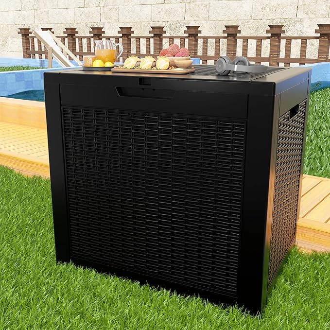 36 Gallon Outdoor Deck Box,Waterproof Resin Outdoor Storage Boxes, Outside Storage Lockable Container for Garden Tools,Indooor Cushions,Accessories (Black)