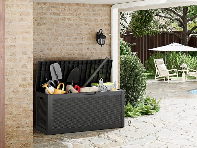 71 Gallon Outdoor Storage Box, Resin Deck Boxes Outdoor Waterproof For Patio Furniture, Garden Tools, Pool Supplies, Lockable And UV Resistant (Rattan Black)