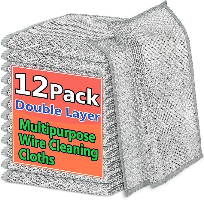 12PCS Double-Layer Wire Dishcloth, Non-Scratch Wire Dishwashing Rags, Multipurpose Wire Cleaning Cloths for Home/Kitchen(7.87''x7.87'')