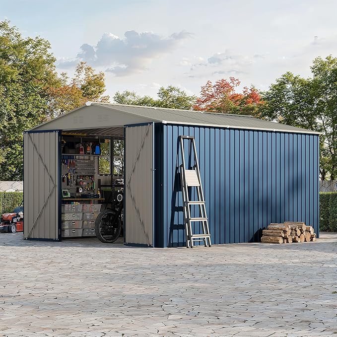 GarveeLife 10x12 FT Metal Storage Shed for Outdoor with Floor Frame&Clear Window,Steel Yard Shed with Design of Lockable Doors, Utility and Tool Storage for Garden, Backyard, Patio, Outside,Navy Blue