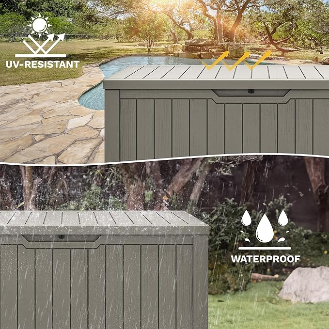 DWVO 120 Gallon Outdoor Storage Deck Box, Weather-Resistant Resin, Versatile for Patio Furnishings, Outdoor Cushions, Garden Tools, and Sports/Pool Gear (Light Brown)