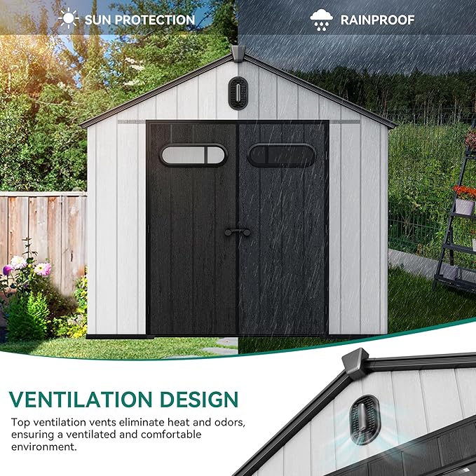 YITAHOME 8x8ft Outdoor Plastic Storage Shed with Floor, Extra Thick Waterproof Garden Shed with Lockable Door, Oval Vision Windows &Vents, 16mm Heavy Duty Tool Storage for Patio, Lawn, Bikes, Gray
