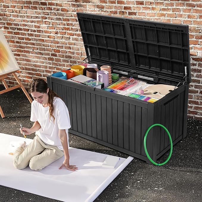 DWVO 180 Gallon Extra-Large Patio Deck Box, Waterproof Resin Outdoor Storage Box with Removable Divider for Patio, Garden, Pool, Furniture and Tools, Black