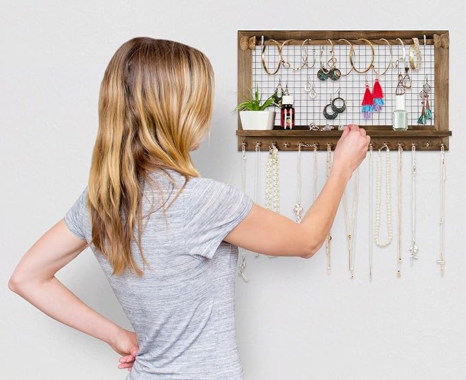 Rustic Jewelry Organizer with Bracelet Rod Wall Mounted - Wooden Wall Mount Holder for Earrings, Necklaces, Bracelets, and Many Other Accessories