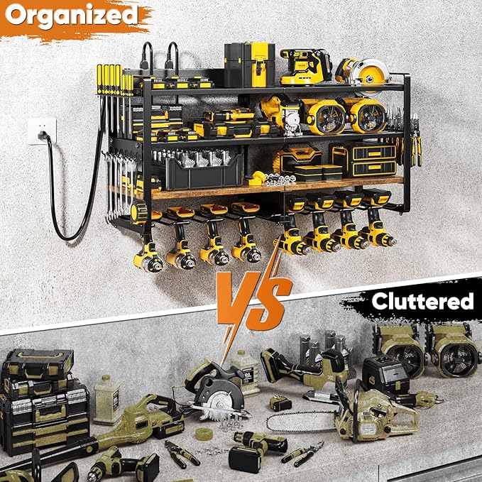 Large Power Tool Organizer with 8 Outlet Charging Station, Loads 600lbs, 4 Layer Heavy Duty Utility Rack Holds 8 Cordless Drills, Wall Mount Tool Battery Garage Storage Shelf, Gift for Men