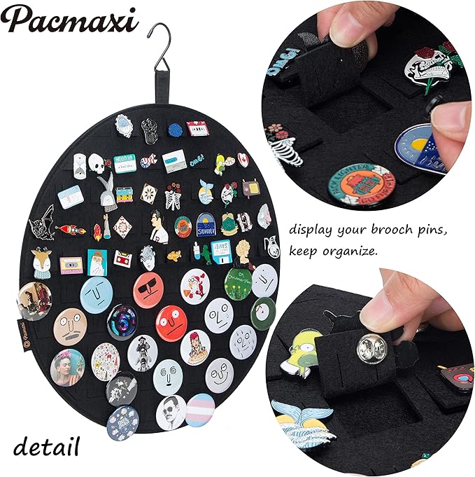 PACMAXI Hanging Brooch Pin Display Holder, Wall Pin Collection Storage Organizer, Cute Pin Banner Case Hold Up to 76 Pins.(Pins not Included) (Black)