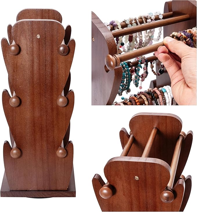 Two-Sided Rotating Wooden Jewelry Bracelet Holder Display Stand with 6 Removable Holders - 3 Tier Bar Bangle Organizer Perfect for Organizing and Showcasing Bracelets, Watches, and Accessories