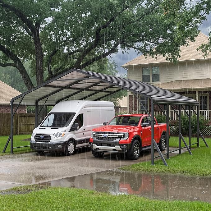 Wisteria Lane 20'x20' Metal Carport with Updated Roof & Enhanced Base, Heavy Duty Canopy Carport Garage, Vertaile for Car, Truck, Boat, Tractors, Party, Dark Gray