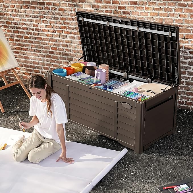 DWVO Large Deck Box 150 Gallon Waterproof Outdoor Storage Box, Extra Large Outdoor Bin, Resin Louvered Patio Storage for Pillows, Garden Tools & Pool Supplies, Lockable, Dark Brown