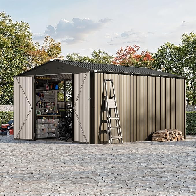 GarveeLife 10 x 12 FT Metal Storage Shed for Outdoor with Floor Frame&Clear Window,Steel Yard Shed with Design of Lockable Doors, Utility and Tool Storage for Garden, Backyard, Patio, Outside, Brown