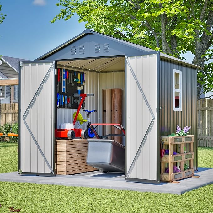 6x6 FT Outdoor Storage Shed with Lockable Doors & Sloping Roof & Clear Window & Floor Frame, Galvanized Steel Metal Garden Tool Shed for Backyard, Patio, Poolside