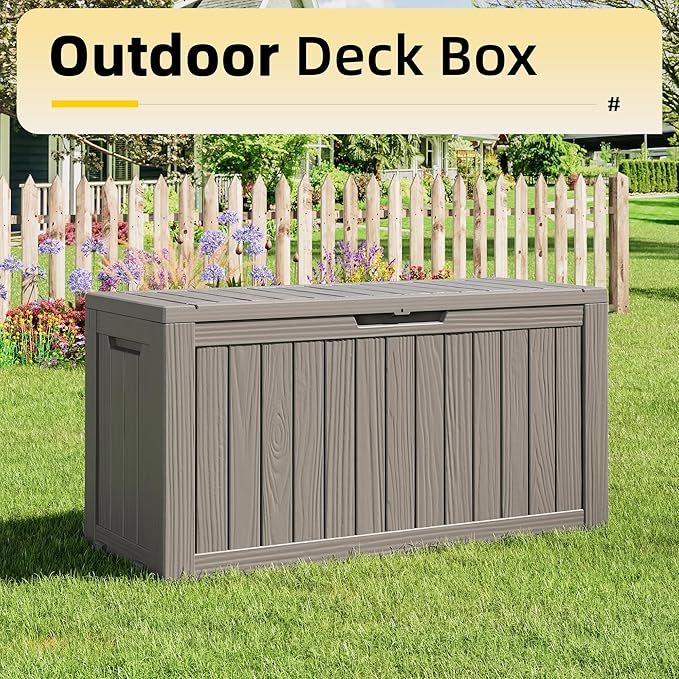82 Gallon Outdoor Storage Box, Resin Deck Boxes Outdoor Waterproof For Patio Furniture, Garden Tools, Pool Supplies, Lockable And UV Resistant (Striped Gray)
