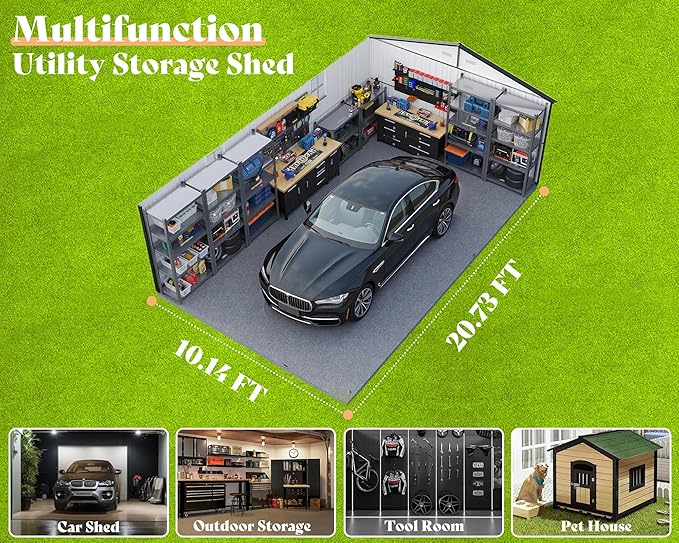 AMERLIFE 10x21x7.3 FT Outdoor Metal Garage Shed, Extra Large Storage Shed with Double Hinged Doors & 4 Windows, Carport for Car, Midsize SUV, Bike and Equipment Storage, Dark Gray