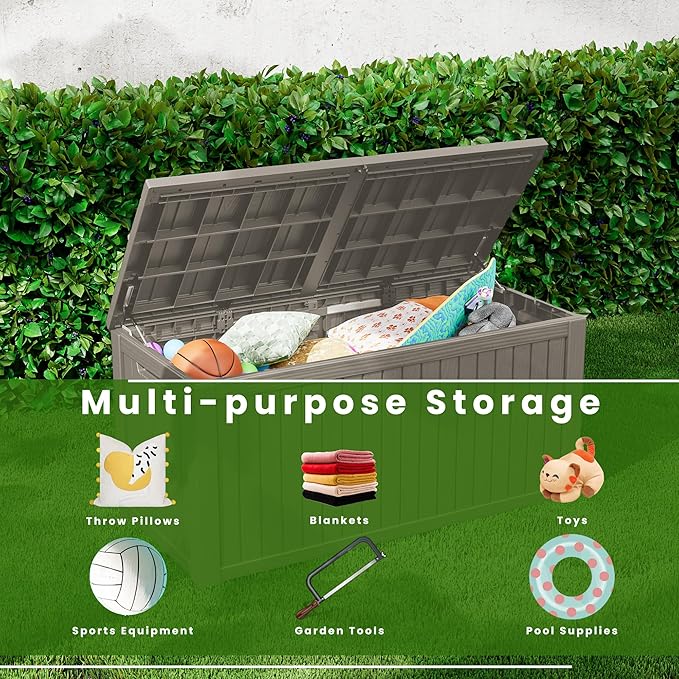 Outdoor Storage Box, 200 Gallon Resin Deck Box Waterproof for Patio Furniture, Garden Tools and Pool Accessories, Lockable UV-Resistant Storage Bin Bench Cabinet for Outside, Gray