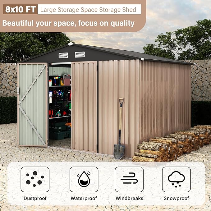 8x10 FT Metal Outdoor Storage Shed with Sloped Roof & Lockable Door, Large Garden Tool Shed for Backyard Patio Lawn, Weatherproof Utility Shed with Air Vents, Dark Brown