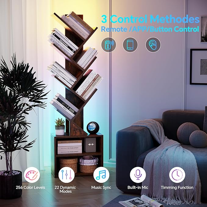 SUNMORY 6 Tier Tree Bookshelf with Lights, LED Book Tree Bookcase with Storage Organizer, Small Corner Bookshelf Floor Standing Book Shelf for Living Room, Bedroom & Home Office