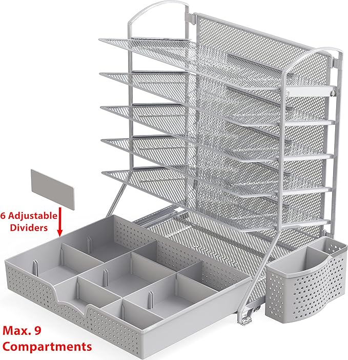 Simple Houseware 6-Tier Desk Document File Tray Organizer with Supplies Sliding Drawer, Silver