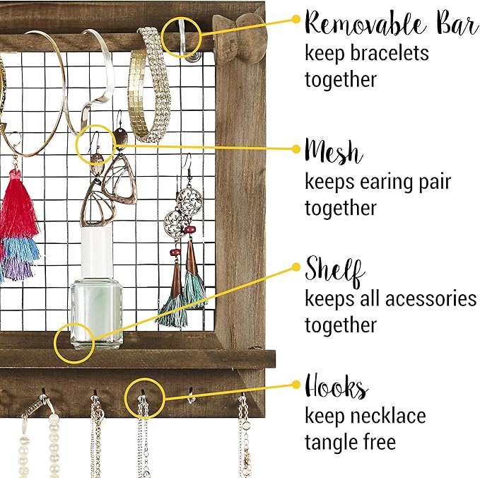 Rustic Jewelry Organizer with Bracelet Rod Wall Mounted - Wooden Wall Mount Holder for Earrings, Necklaces, Bracelets, and Many Other Accessories