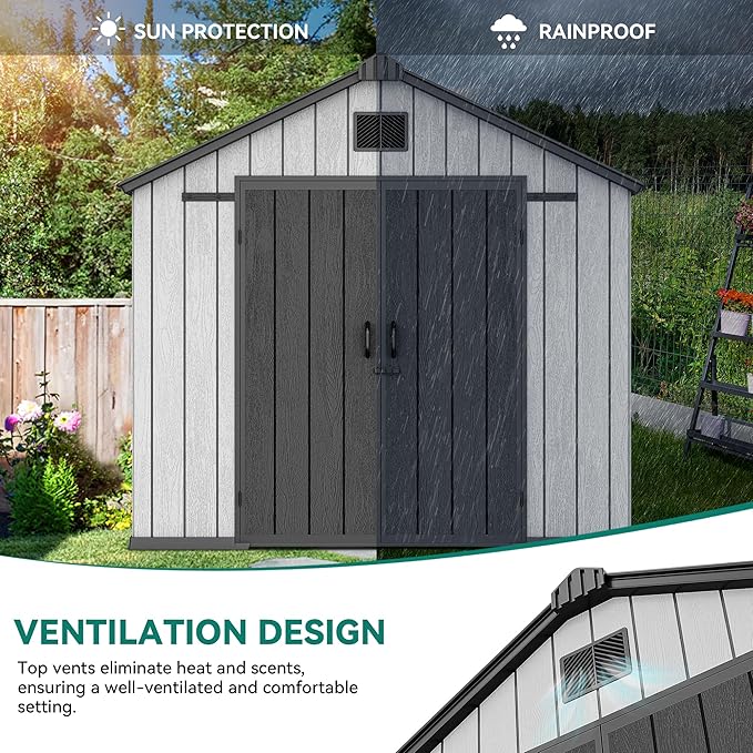 YITAHOME 8x10 FT Outdoor Storage Shed with Lockable Door, Large 544 Cuft Resin Shed with Floor Roof Windows Vents, All-Weather Plastic Storage Shed Tool Organizer for Backyard Garden Patio Lawn, Gray