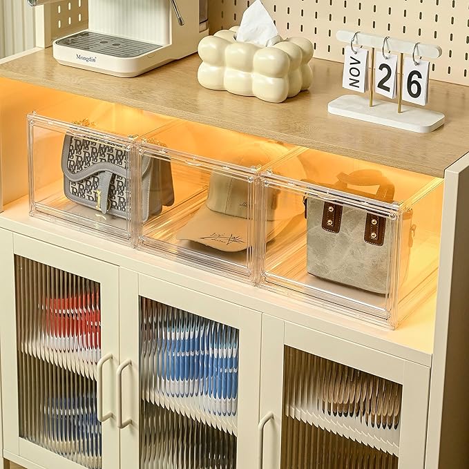 Hat Organizer Cap Box, Stackable Clear Baseball Caps Holder Containers with Magnetic Door for Hats Snapback Cap Storage, Pull Out Drawer Hat Rack Display Case (3pack)
