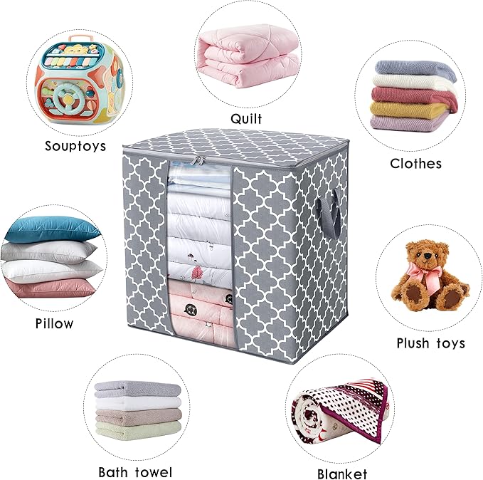 WISELIFE Storage Bags 2 Pack/100L Large Blanket Clothes Organization and Storage Containers for Comforters,Bedding, Foldable Organizer with Reinforced Handle, Clear Window, Sturdy Zippers,Light Gray