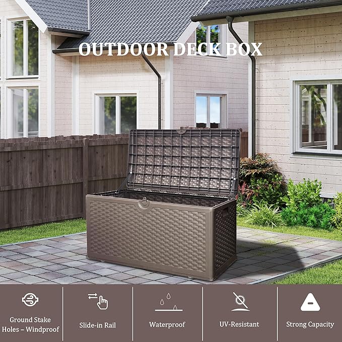 90 Gallon Outdoor Storage Box Waterproof, Lockable Resin Deck Box Large Storage Bin for Patio Furniture Cushion, Garden Tools, Pool Accessories, UV-Resistant Outside Delivery, Brown