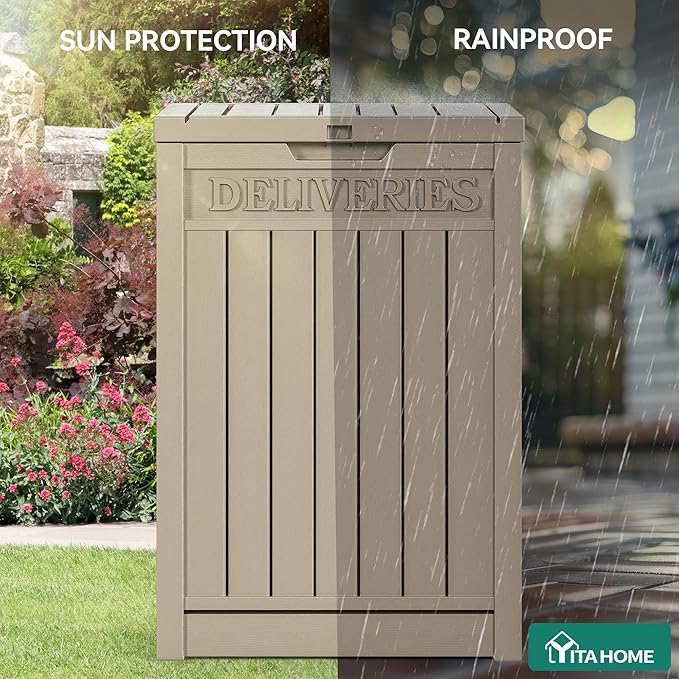 YITAHOME Outdoor Package Delivery Storage Box 51 Gallon, Secure Lockable Resin Package Delivery Container, Deck Box for Porch & Curbside, Brown