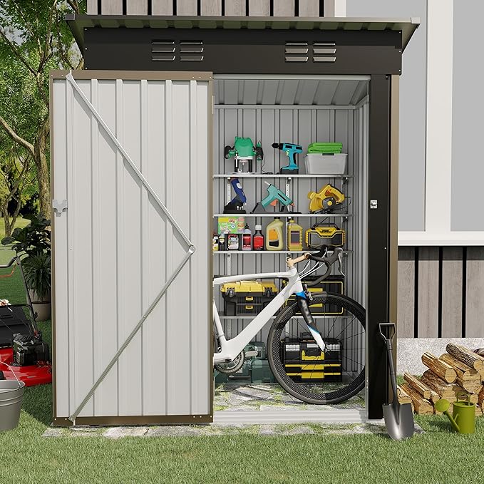 GarveeLife 5x3 FT Outdoor Storage Shed, Tool Shed with Sloping Roof and Lockable Door, Compact Metal Tool Garden Shed for Garden, Backyard, Patio (Brown)