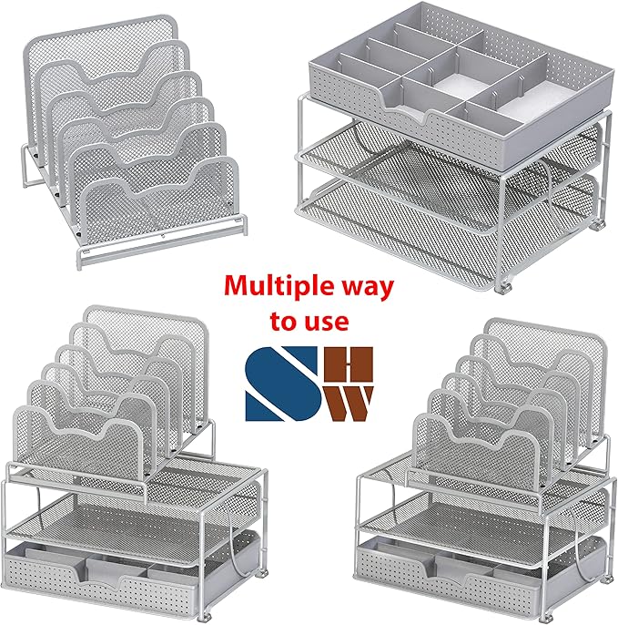 Simple Houseware Mesh Desk Organizer with Sliding Drawer, Double Tray and 5 Stacking Sorter Sections, Silver