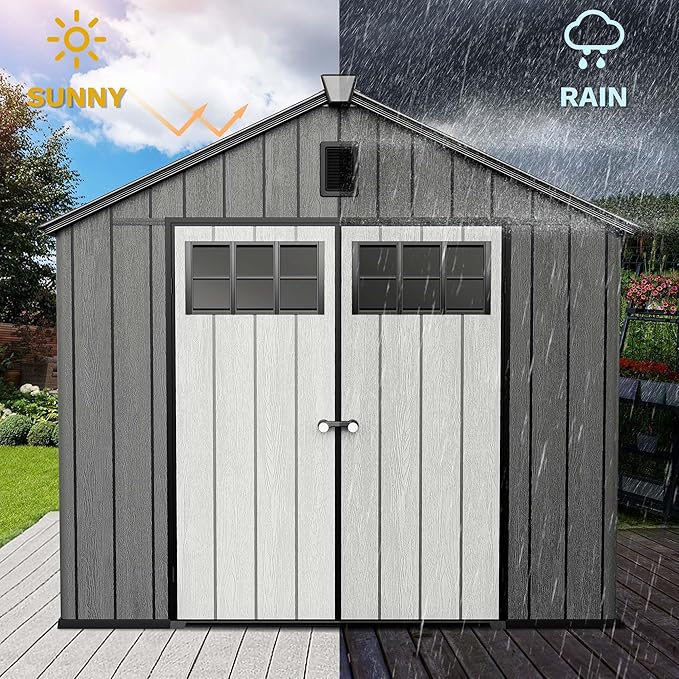 DWVO 8x10 FT Outdoor Storage Shed, 544 cuft Plastic Storage Shed with Floor & Lockable Door, All-Weather Tool Garden Shed with Window & Vent for Patio Furniture, Lawn Mower, Bike, Pool Supplies, Gray