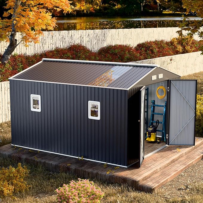 10x12 FT Outdoor Metal Shed with Unique Floor Base Clear Roof Window Lockable Double Door Vent, Waterproof Heavy Duty Reinforced Frame Sheds for Garden Storage Large Lawnmower Tool, Dark Grey