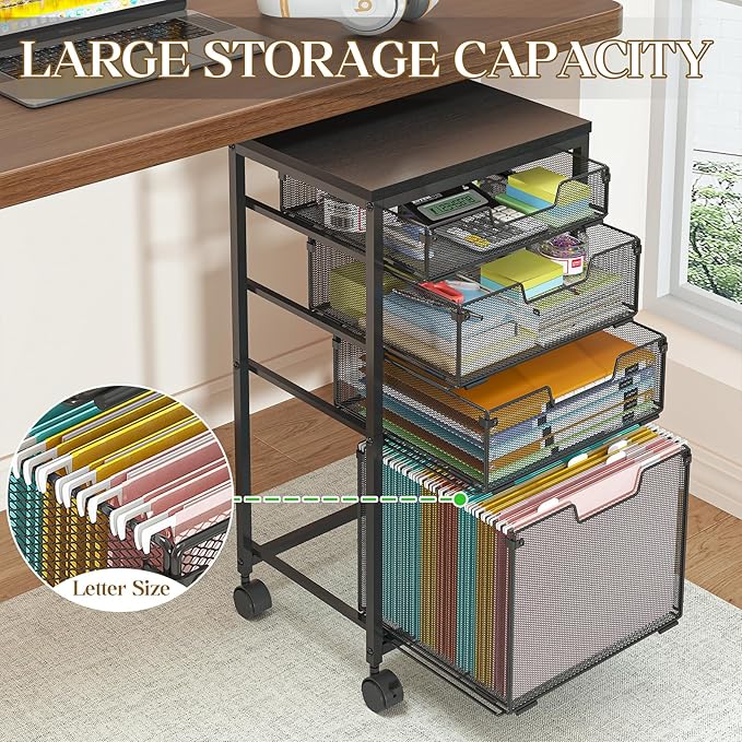 Rolling File Cart with 4 Storage Drawers, Filing Cabinet for Home Office, Hanging File Folder Organizer with Wheels Under Desk, Utility Craft Cart Printer Stand, Black