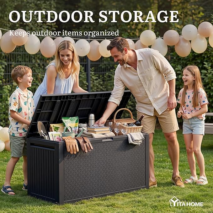 YITAHOME 90 Gallon Outdoor Deck Box, Lockable Resin Deck Box with Handles, Outdoor Storage Box for Patio Furniture, Garden Tools, Waterproof & UV Resistant, Black