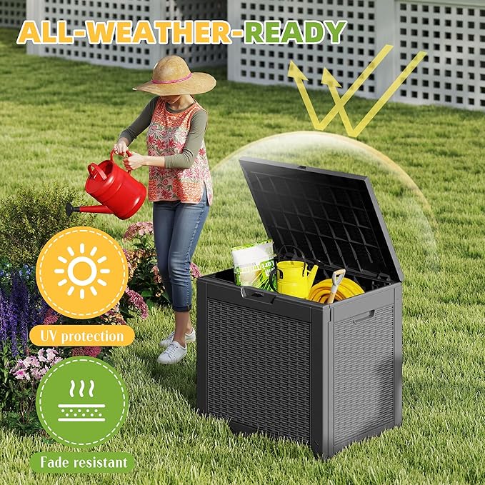 31 Gallon Outdoor Storage Box Weather Resistant UV Protection Waterproof Resin Deck Box for Garden, Patio, Porch, Delivery(Rattan Black)