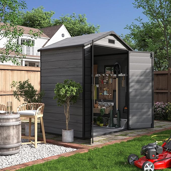 UDPATIO Outdoor Resin Storage Shed 6x4.5 FT, Plastic Garden Shed for Bike, Garbage Can, Tool, Outside Sheds with Lockable Door for Backyard, Patio, Lawn, Dark Grey