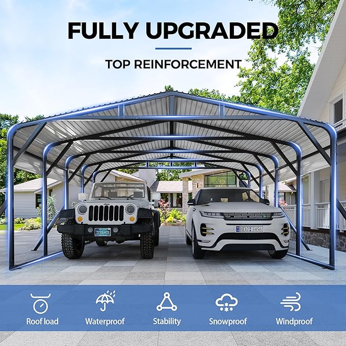 20’x20’ Carport Canopy Metal Carport Heavy Duty Car Port Galvanized Steel Roof, Reinforced Stable Triangle Frame Enhanced Base for Snowy Windy Carports Car Tent for Car,Pickup,RV,Tractor,Boat
