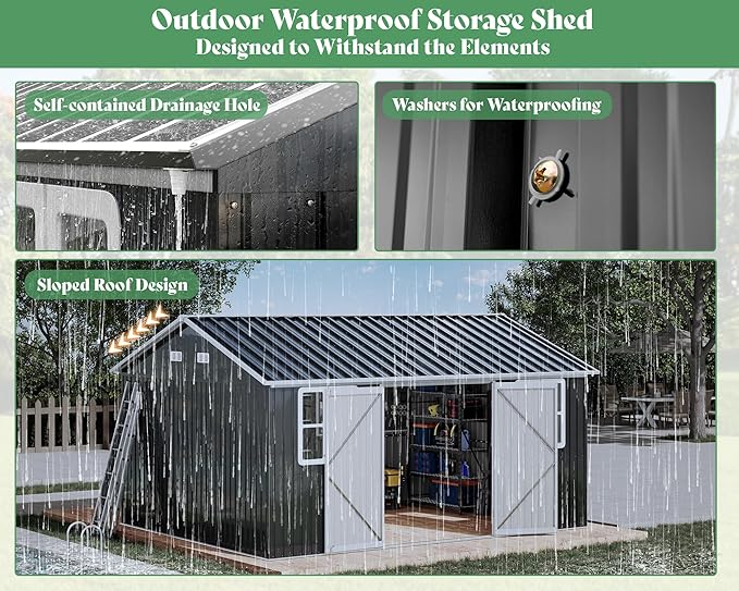 VanAcc 10 x 14FT Outdoor Storage Shed with a Lockable Hinged Door and 2 Windows, Nordic Cottage Metal Shed for Backyard, Garden, Patio, Dark Grey/White