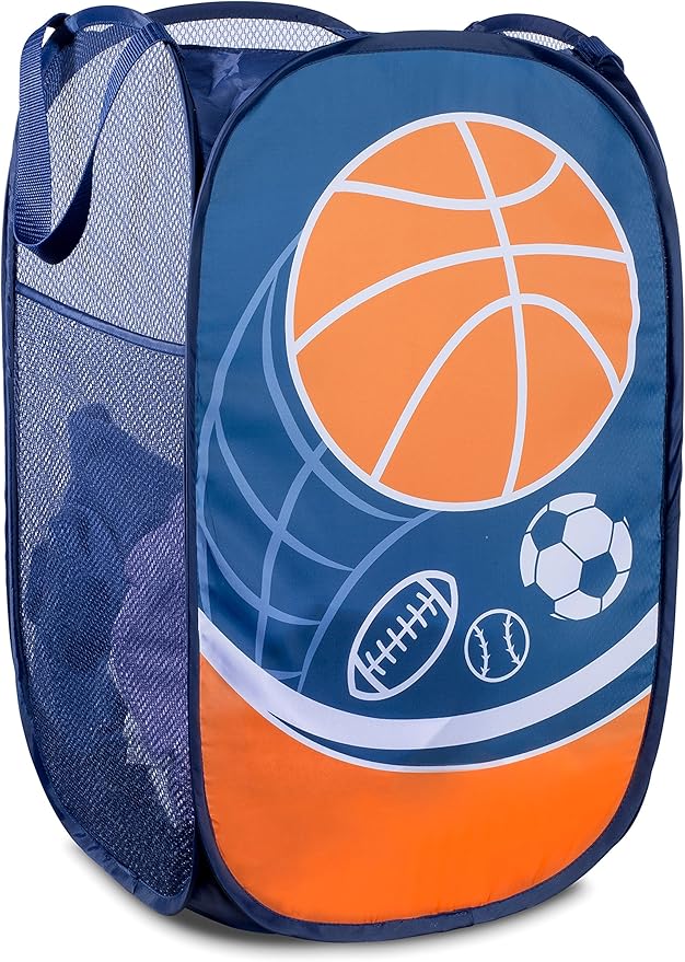 Handy Laundry Collapsible Mesh Pop Up Hamper with Wide Opening and Side Pocket - Breathable, Sturdy, Foldable, and Space-Saving Design for Clothes and Storage (Sports)