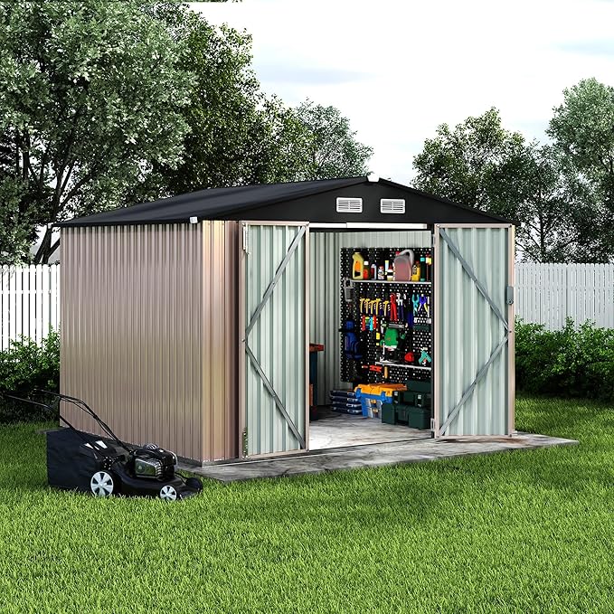 8x10 FT Metal Outdoor Storage Shed with Sloped Roof & Lockable Door, Large Garden Tool Shed for Backyard Patio Lawn, Weatherproof Utility Shed with Air Vents, Dark Brown