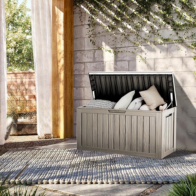 80 Gallon Lockable Resin Outdoor Storage Box, Waterproof & Weather Resistant Deck Box for Patio Cushion, Garden Tools & Pool Accessories, Grey