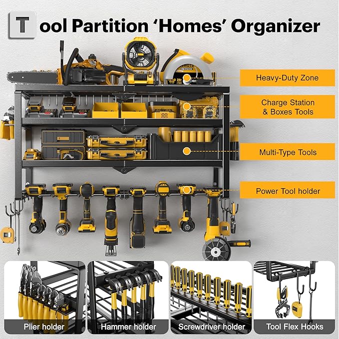 Power Tool Organizer Wall Mount, 15 Min Assembly & Maximum 150lb load by Heavy Duty Metal, 4/6/8 Drill Holder, 4 Layers Garage organization and Tool Storage, Tools Holder for Workshop/Shed