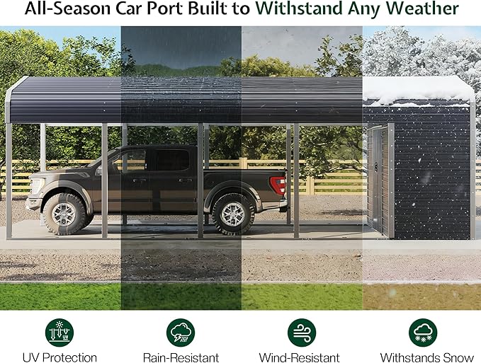 Jocisland 12x24 FT 2-in-1 Carport & Storage Shed, Heavy Duty Carport with Galvanized Steel Roof, 12x4.2 FT Metal Shed with 2 Transparent Panels & Double Doors, Car Canopy for Cars, Boats, Trucks