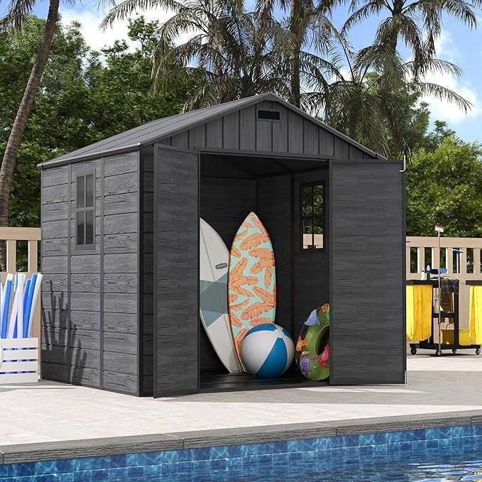 UDPATIO Resin Storage Shed 8 x 6 FT, Plastic Outdoor Storage Shed with Floor Outdside Storage Garden Patio Sheds with Lockable Door for Bike, Garbage Can, Tool, Dark Grey