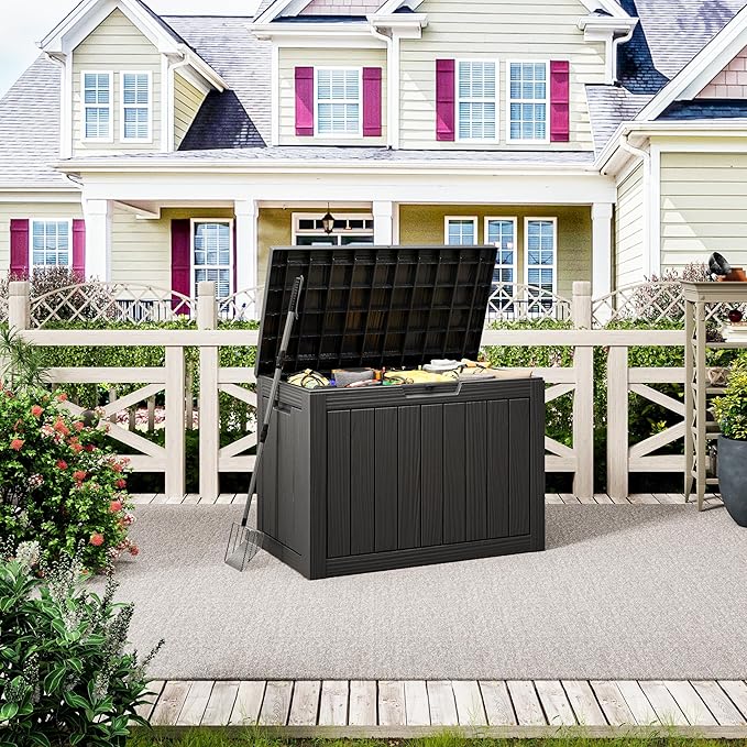 45 Gallon Outdoor Storage Box, Resin Deck Boxes Outdoor Waterproof For Patio Furniture, Garden Tools, Pool Supplies, Lockable And UV Resistant (Striped Black)