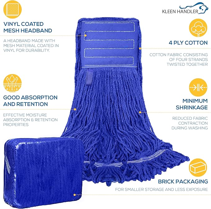 KLEEN HANDLER Blended Loop End Heavy Duty Mop Head Replacement, Wet Mop Refills for Industrial and Commercial Use, Dark Blue, 32 Oz (3-Pack)