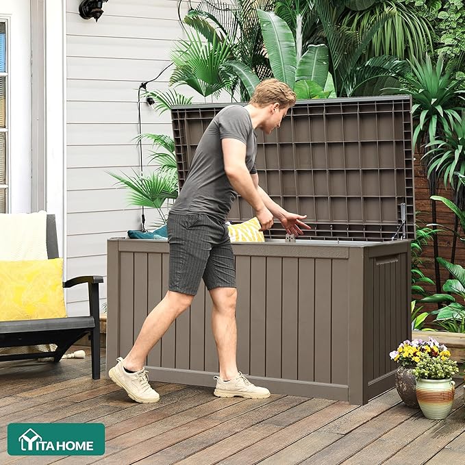 YITAHOME 230 Gallon Large Outdoor Storage XXL Deck Box for Patio Furniture, Outdoor Cushions, Garden Tools and Sports/Pools Equipment, Waterproof Resin, Lockable, Taupe