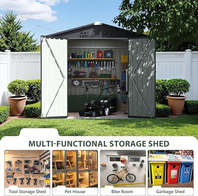 JUMMICO 8x8 FT Outdoor Storage Shed, Heavy Duty Tool Metal Sheds with Lockable Doors and Updated Frame Structure for Backyard Patio Lawn, Black